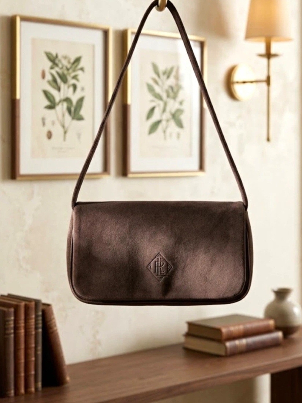 Lauren Ralph Lauren Brown Velvet Suede Flap Shoulder Bag Embroidered LRL Monogra